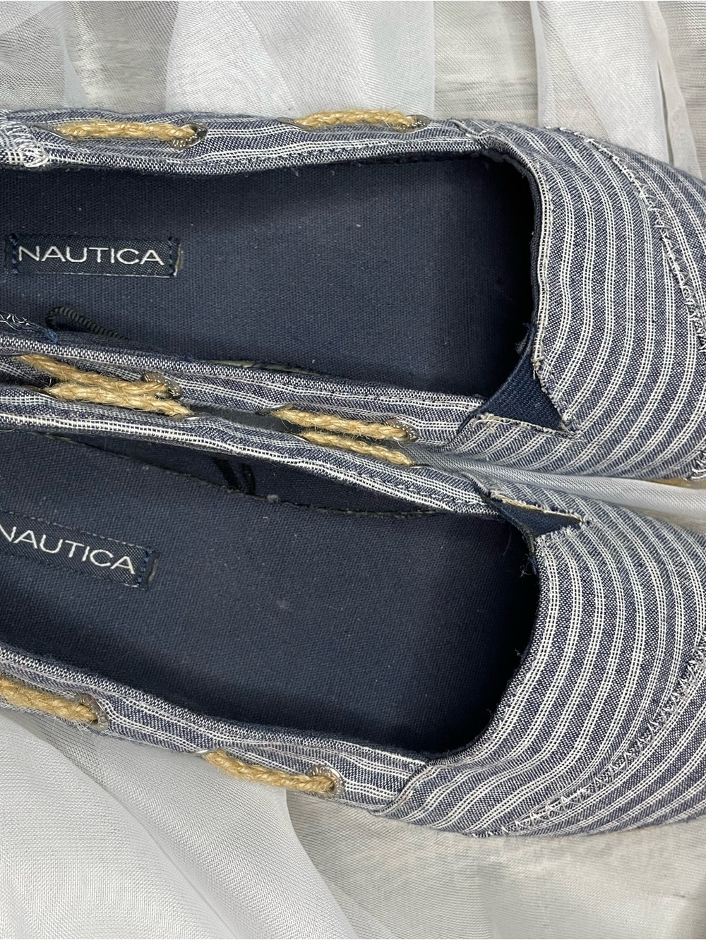 Nautica Navy and White Pinstripe Slip-On Loafers with Rope Detail